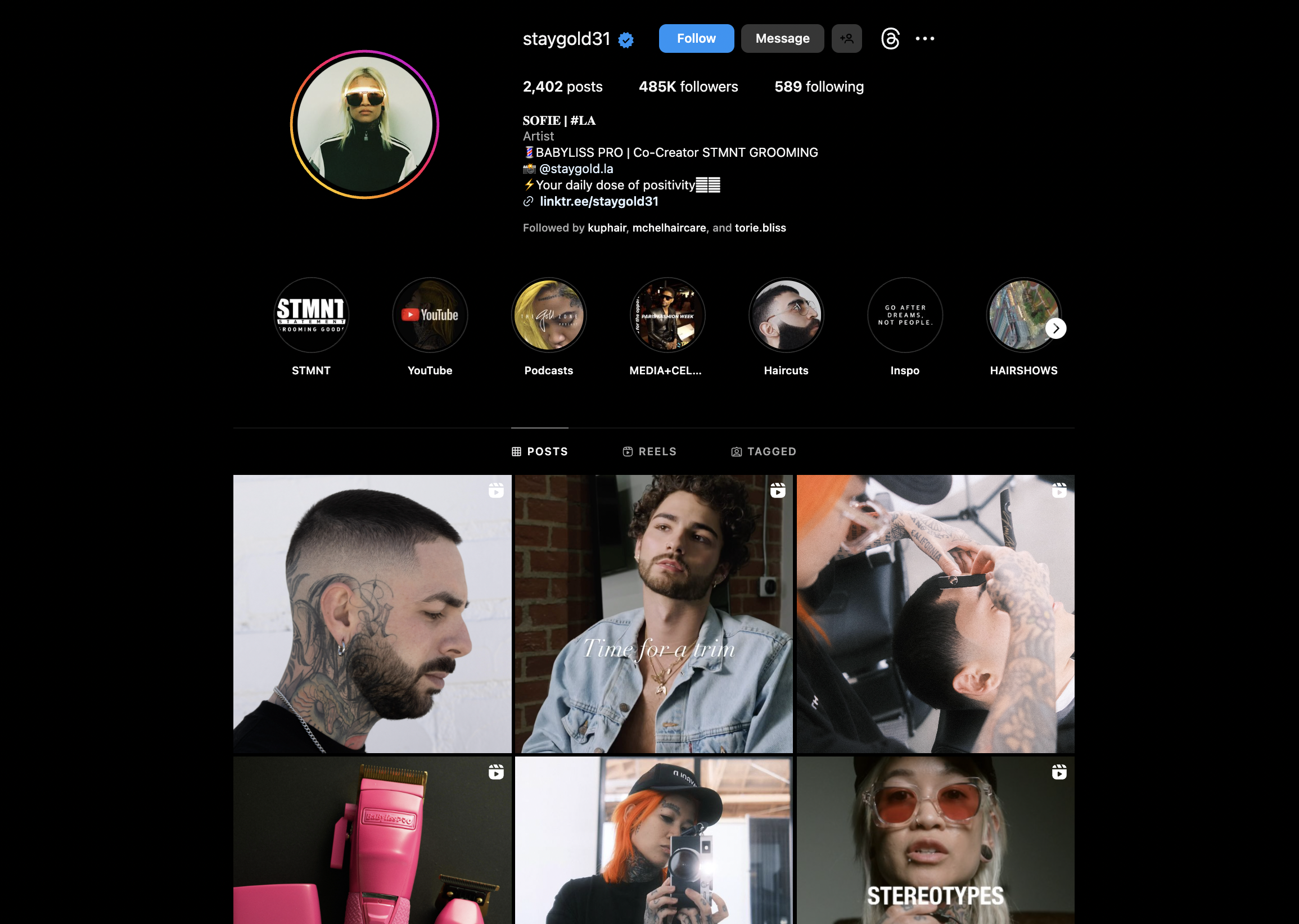 This image shows barbering pro and her instagram posts.